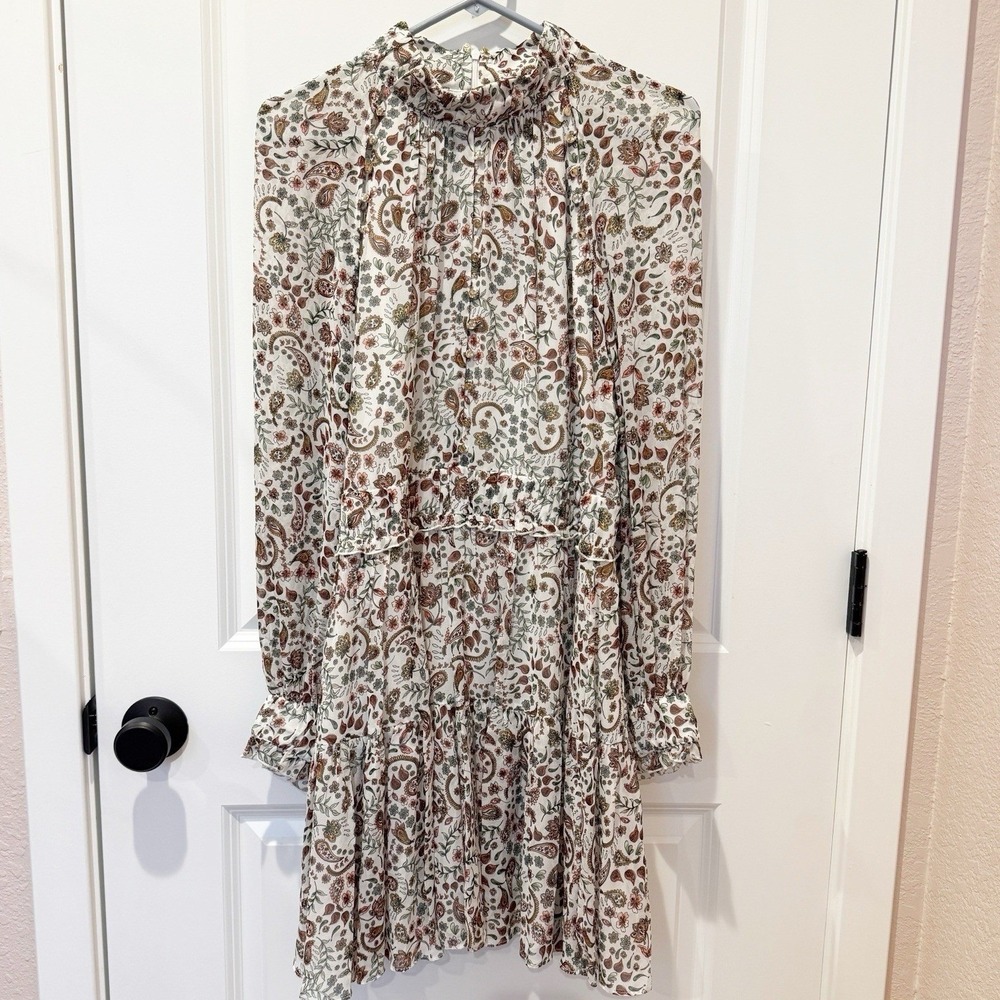 Nicholas Silk Paisley Long Sleeve Midi Dress Size 12 Mock Neck‎ Cuff Sleeve